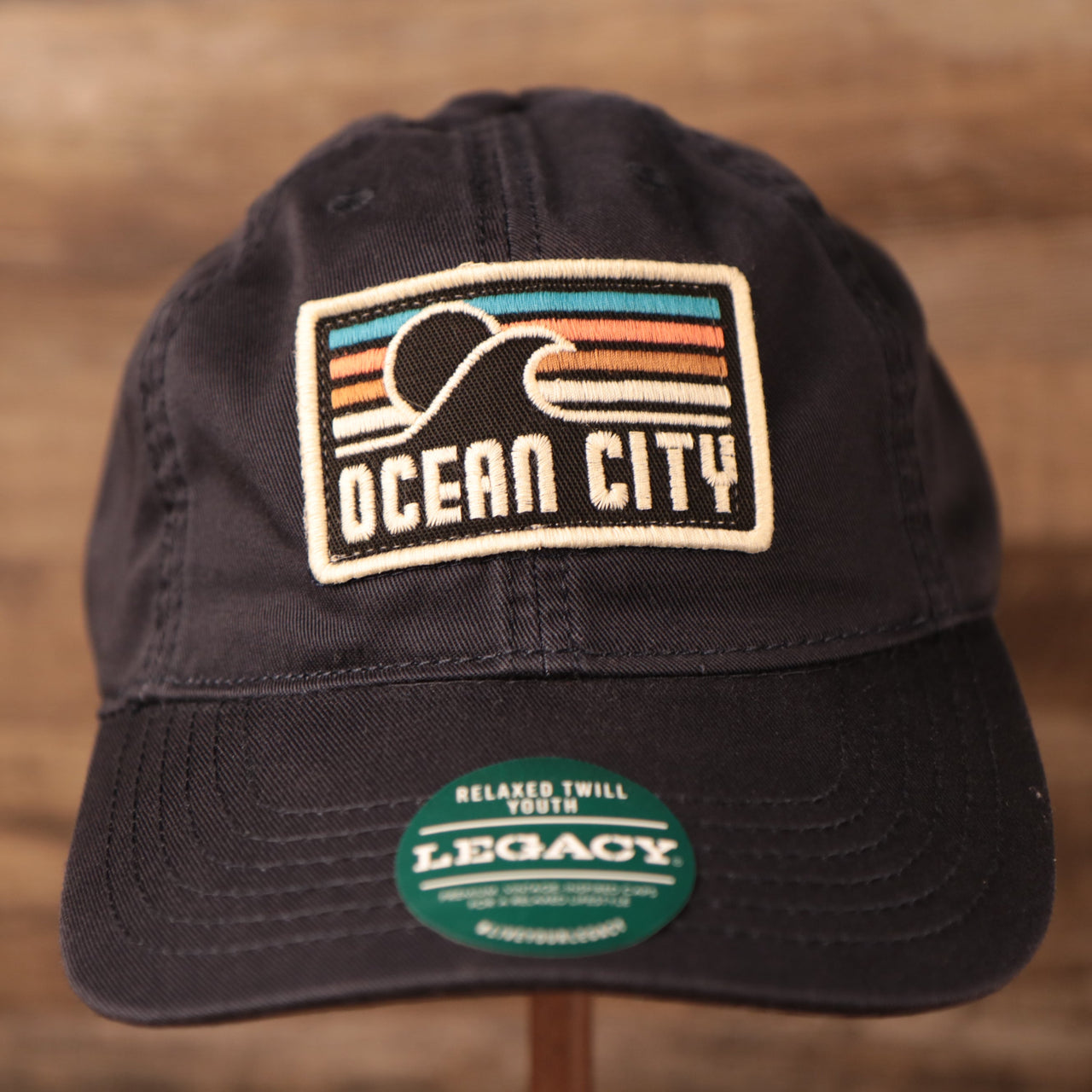 YOUTH SIZED LEAGUE LEGACY | TRUCKER HAT| OCEAN CITY NEW JERSEY | RECTANGULAR WAVE PATCH  | NAVY BLUE