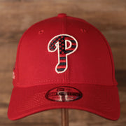 The front side of the red Philadelphia Phillies MLB fourth of July 2021 39thirty flexfit hat by New Era.