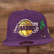 The Los Angeles Lakers logo and the palm tree patch on the front side of the purple Los Angeles Lakers all over embroidered patch fitted 5950 cap by New Era.