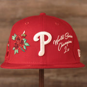 The front of the Phillies red all over patch fitted hat with white World Series Champions 2x logo.