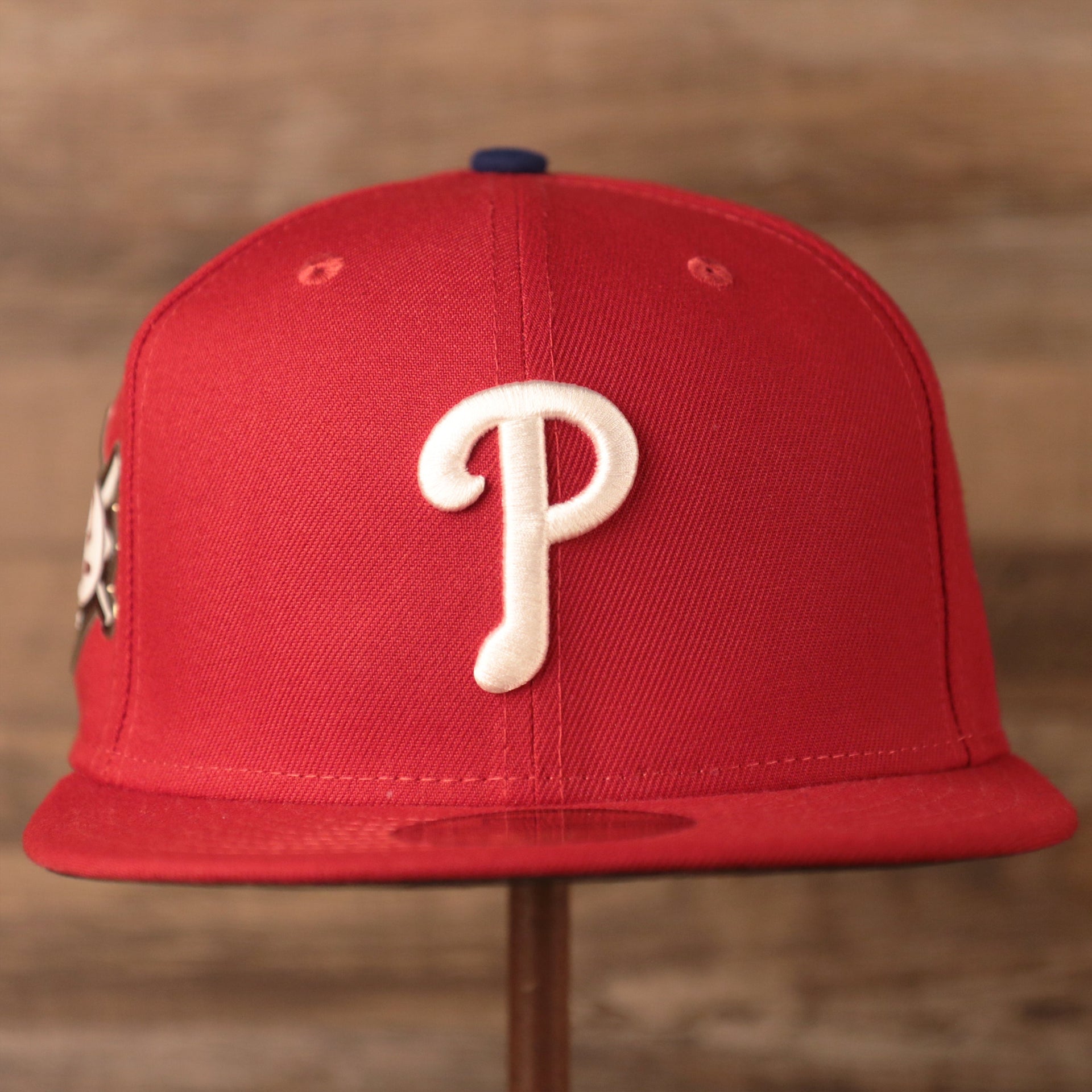 Phillies Jackie Robinson Fitted Cap | Philadelphia Phillies On-Field Jackie Robinson Side PatchRed Fitted Hat the front of this phillies cap has the phillies logo and a flat brim
