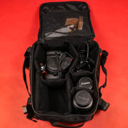 The Black Box Media Camera Travel Bag / Cap Carrier with Custom Dividers and Glasses Case with camera equipment