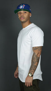 The white Jordan craig longline tshirt for men with drop cut scoop bottom.