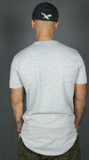 The back side of the Jordan Craig grey longline scoop bottom tshirt.