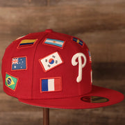 Phillies World Flags Gray Bottom Fitted Cap | Philadelphia Phillies International Flags Red Grey Under Brim Fitted Cap the logo on the front of this cap is the phillies current logo