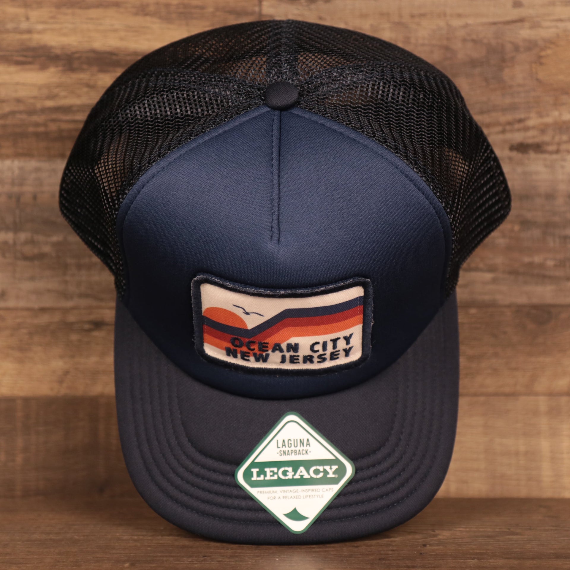 top side on the Ocean City New Jersey Rectangular Wave Patch | Navy Blue Trucker Hat