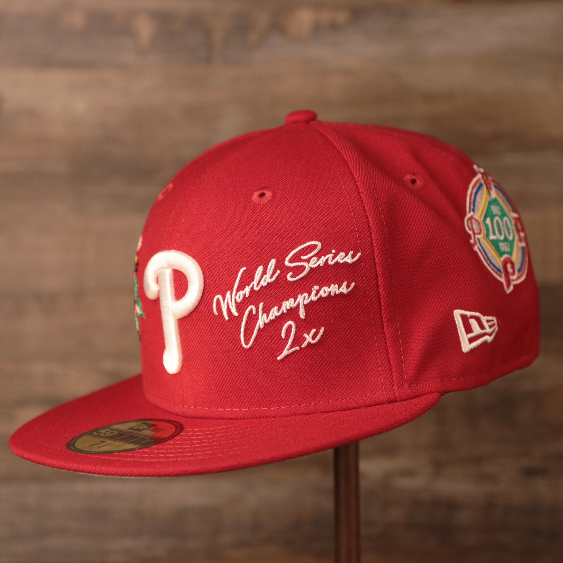 The red all over patch New Era fitted hat for the Philadelphia Phillies with grey bottom brim.