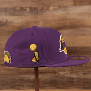 The wearer's right side of the purple Los Angeles Lakers all over patch fitted with gray bottom has the patch for the Larry Obrien trophy.