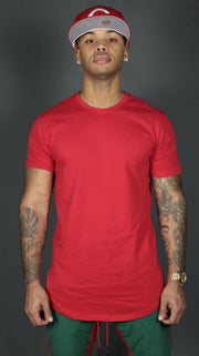 The red Jordan Craig men's elongated t shirt with scoop bottom.