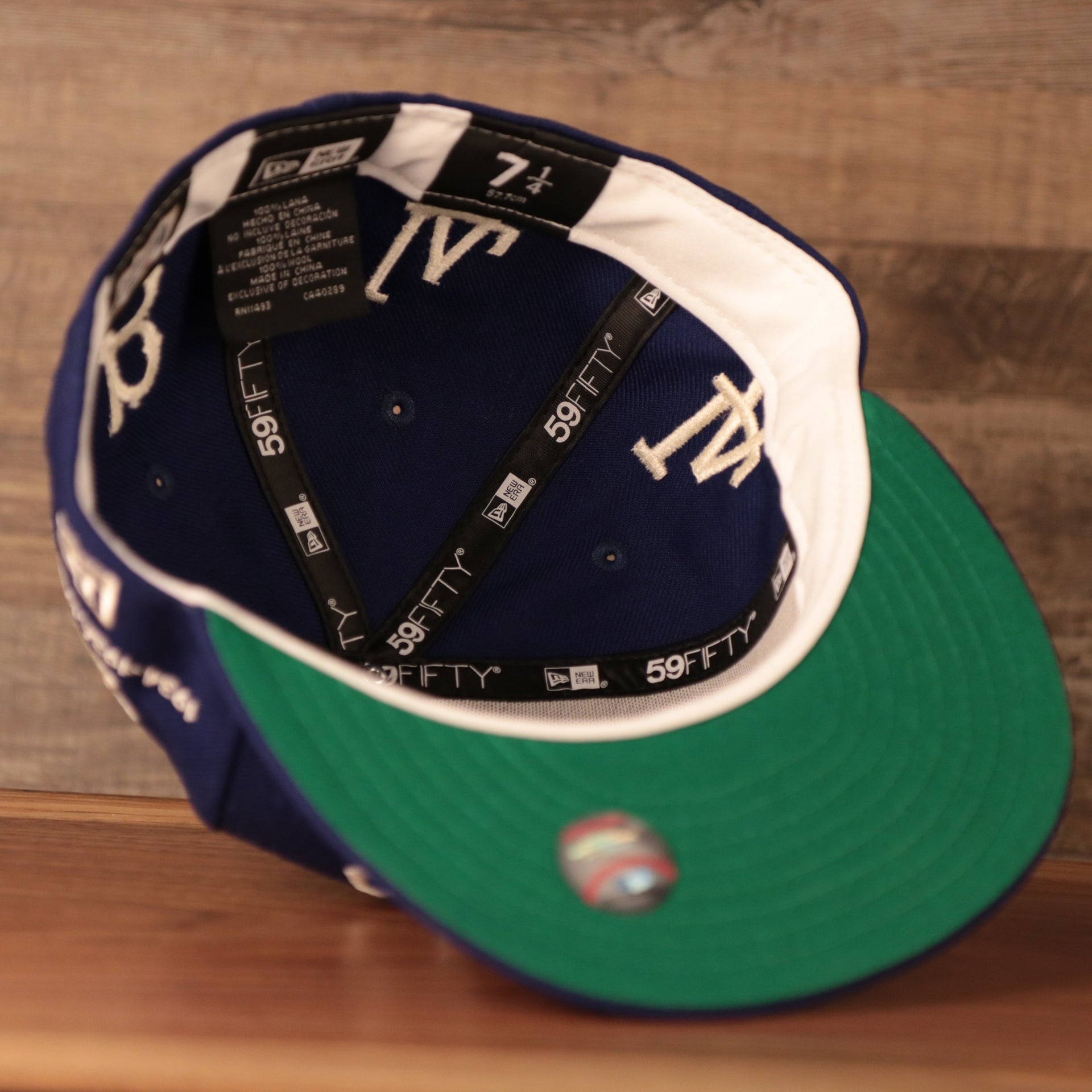 The green underbrim fitted of the Los Angeles Dodgers blue New Era 59fifty.