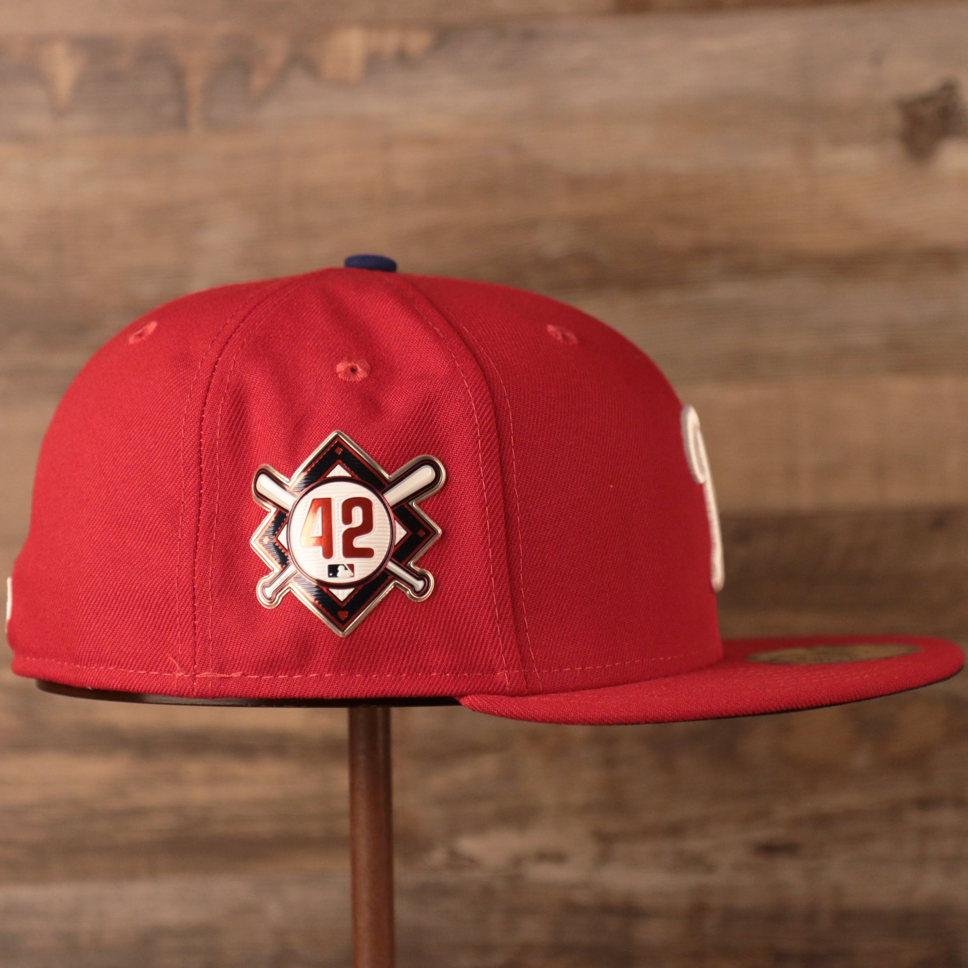 Phillies Jackie Robinson Fitted Cap | Philadelphia Phillies On-Field Jackie Robinson Side Patch Red Fitted Hat the wearers right side has the jackie robinson patch