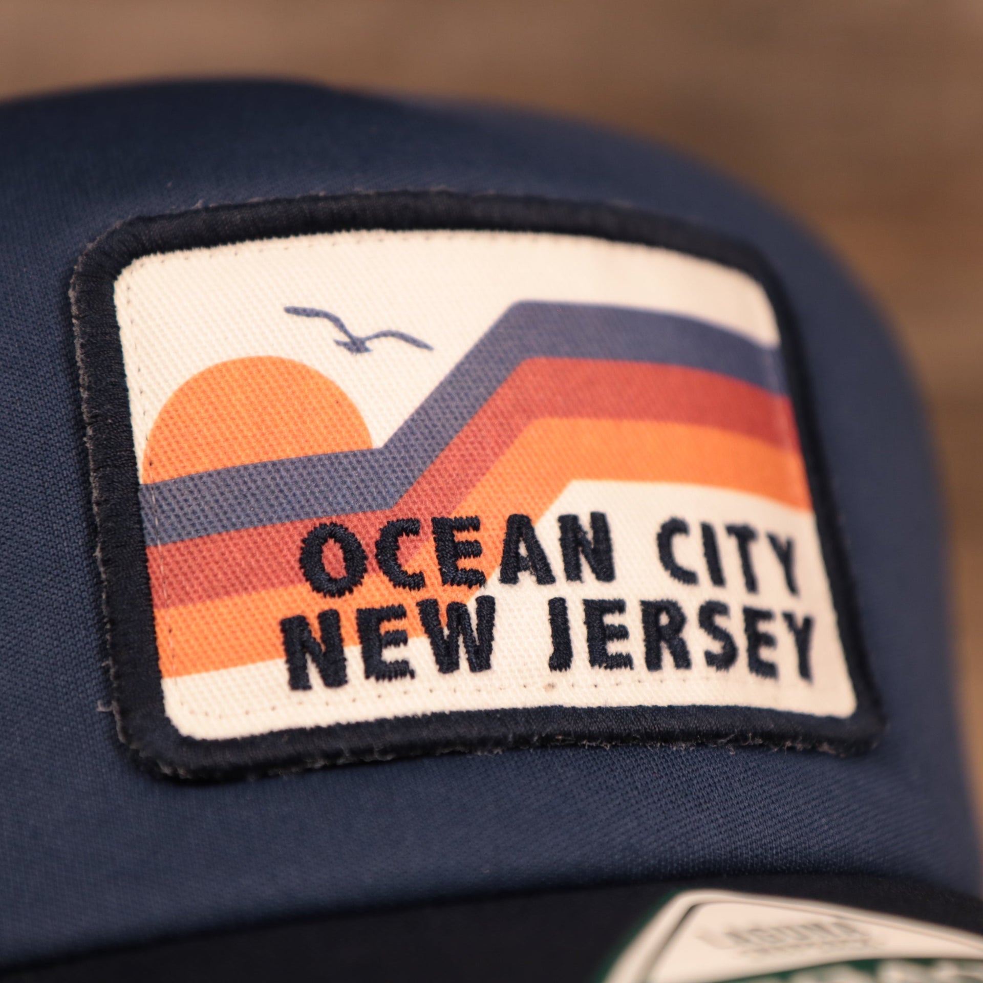 ocean city new jersey wave patch on the Ocean City New Jersey Rectangular Wave Patch | Navy Blue Trucker Hat