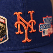 Close up of the New York Mets logo on the New York Mets All Over World Series Side Patch 2x Champ Gray Bottom 59Fifty Fitted Cap