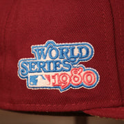 A close up of the 1980 World Series patch on the right side of the maroon retro Philadelphia Phillies glow in the dark white floral underbrim 59fifty fitted hat by New Era.