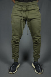 The basic fleece military green jogger pants with logo trim bottom by Jordan Craig.