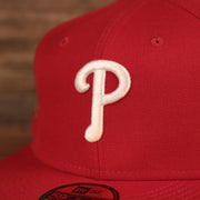 The Phillies logo patch on the front of the throwback red 2008 World Series side patch New Era fitted cap.