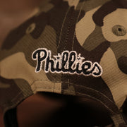 Phillies written on the back side of the Philadelphia Phillies 2021 Memorial Day dad hat by New Era.
