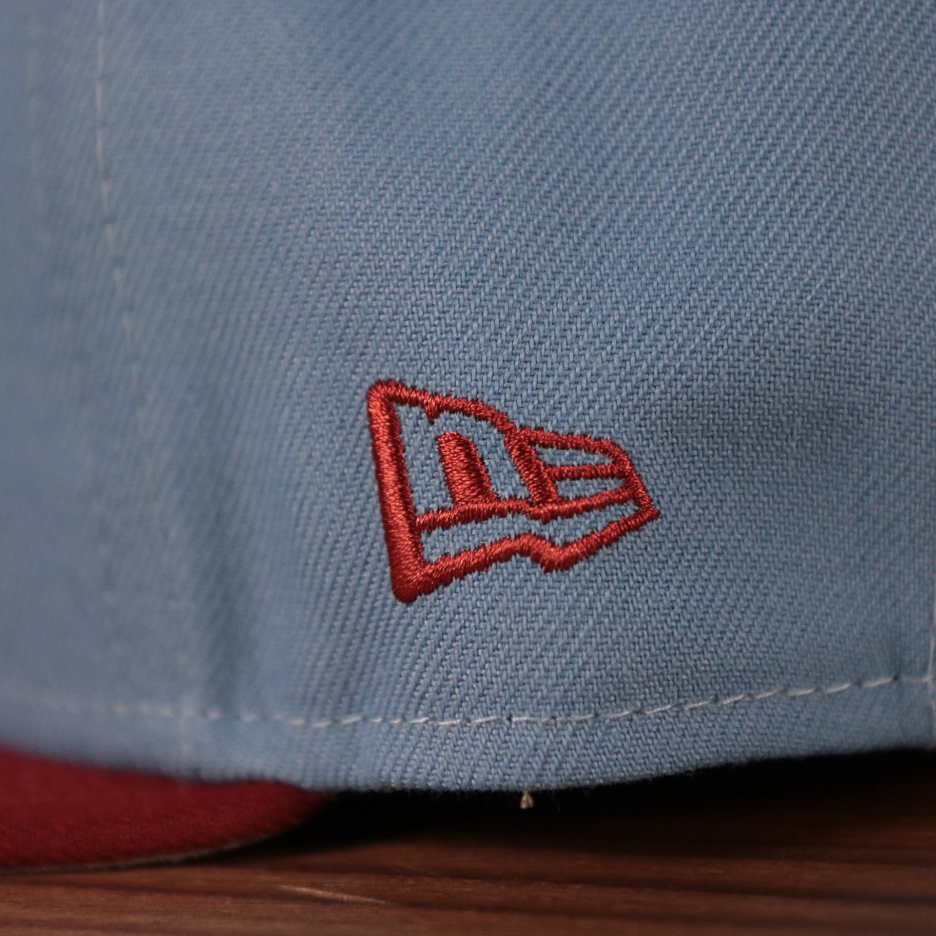 The left side of the Philadelphia Phillies 1980 World Series ice blue/maroon side patch New Era 59fifty fitted cap.