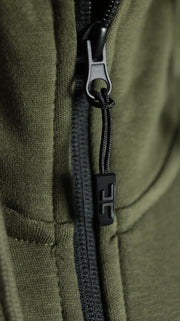 The zipup of the military olive green Jordan Craig basic tech fleece hoodie.