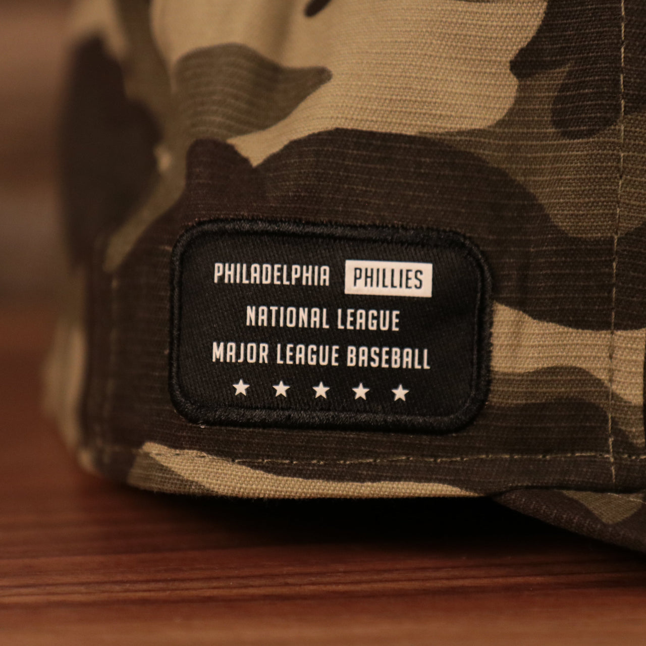 The National League patch on the right side of the 2021 Phillies military hat.