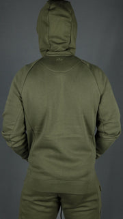 The backside of the military olive green zipup hoodie by Jordan Craig.