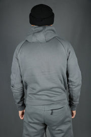 The basic fleece zipup hoodie in charcoal by Jordan Craig seen from the back side.