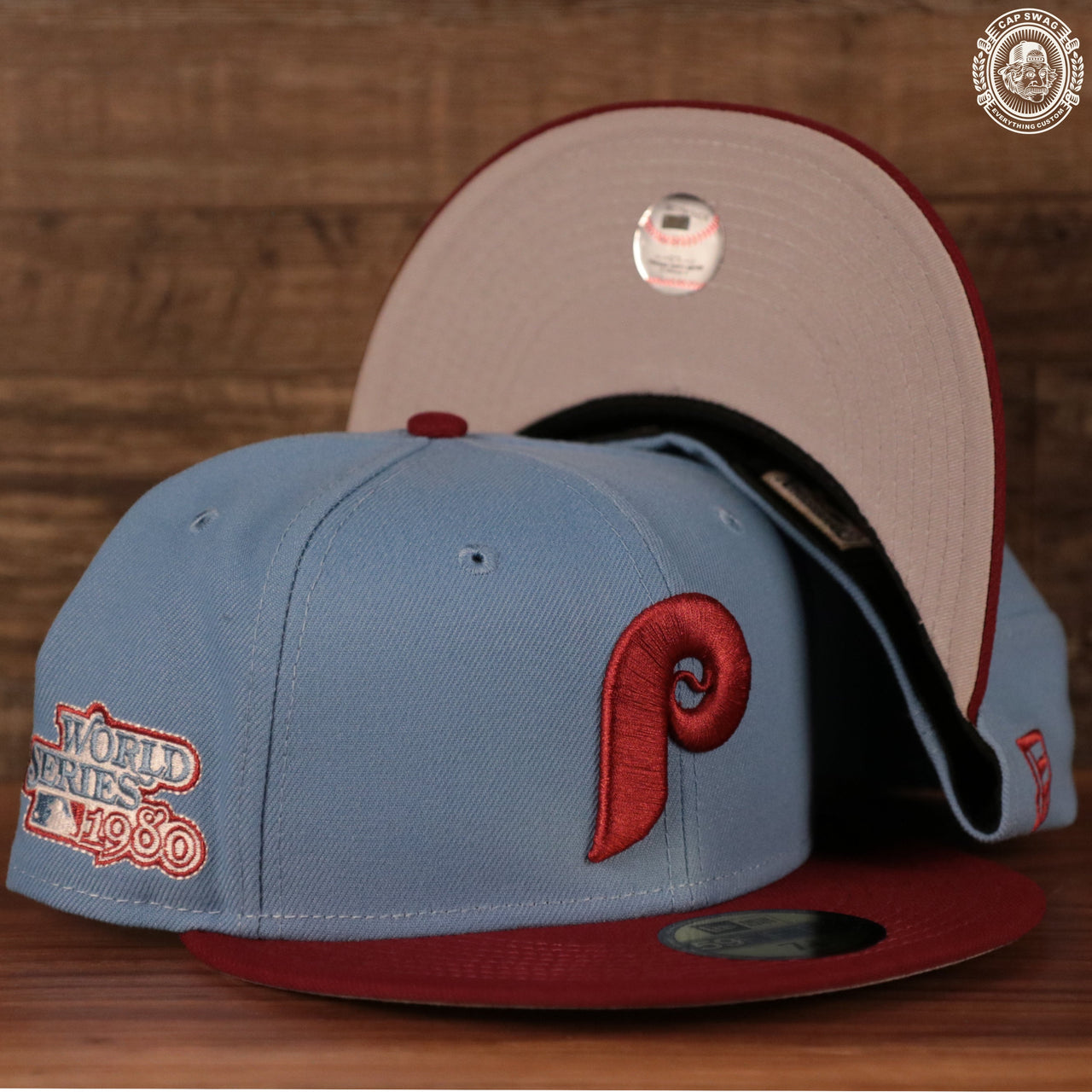 The ice blue/maroon retro Philadelphia Phillies 1980 World Series side patch fitted Gray Bottom hat by New Era.