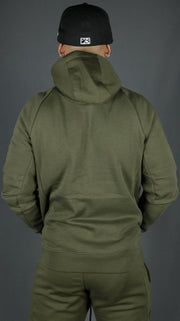 The backside of the military olive green basic tech fleece hoodie by Jordan Craig.