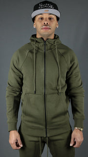 The military olive green Jordan Craig basic tech fleece hoodie with military olive green joggers.