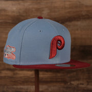 The ice blue/maroon vintage 1980 World Series Philadelphia Phillies grey underbrim fitted cap.