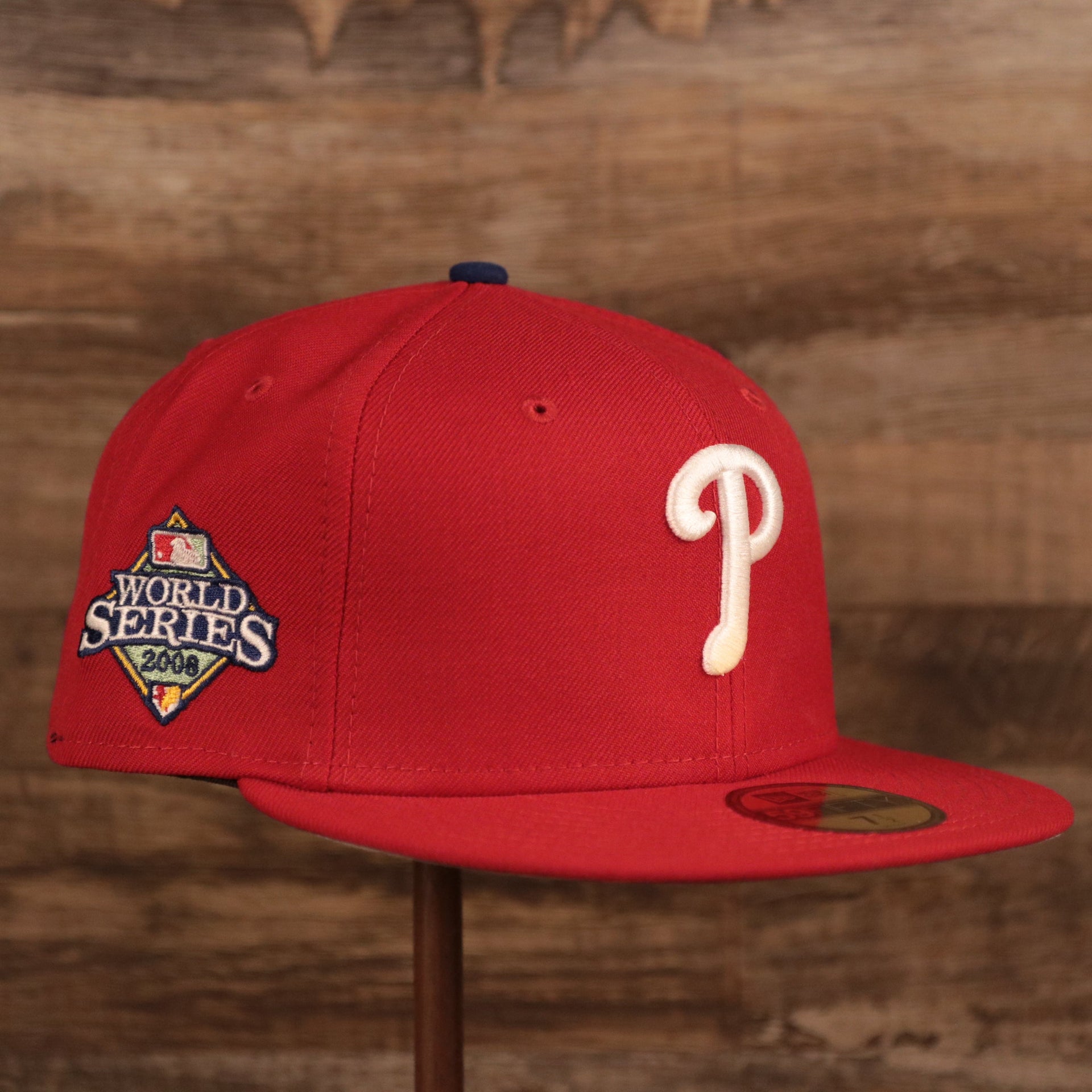 The Philadelphia Phillies red 2008 World Series side patch fitted hat.