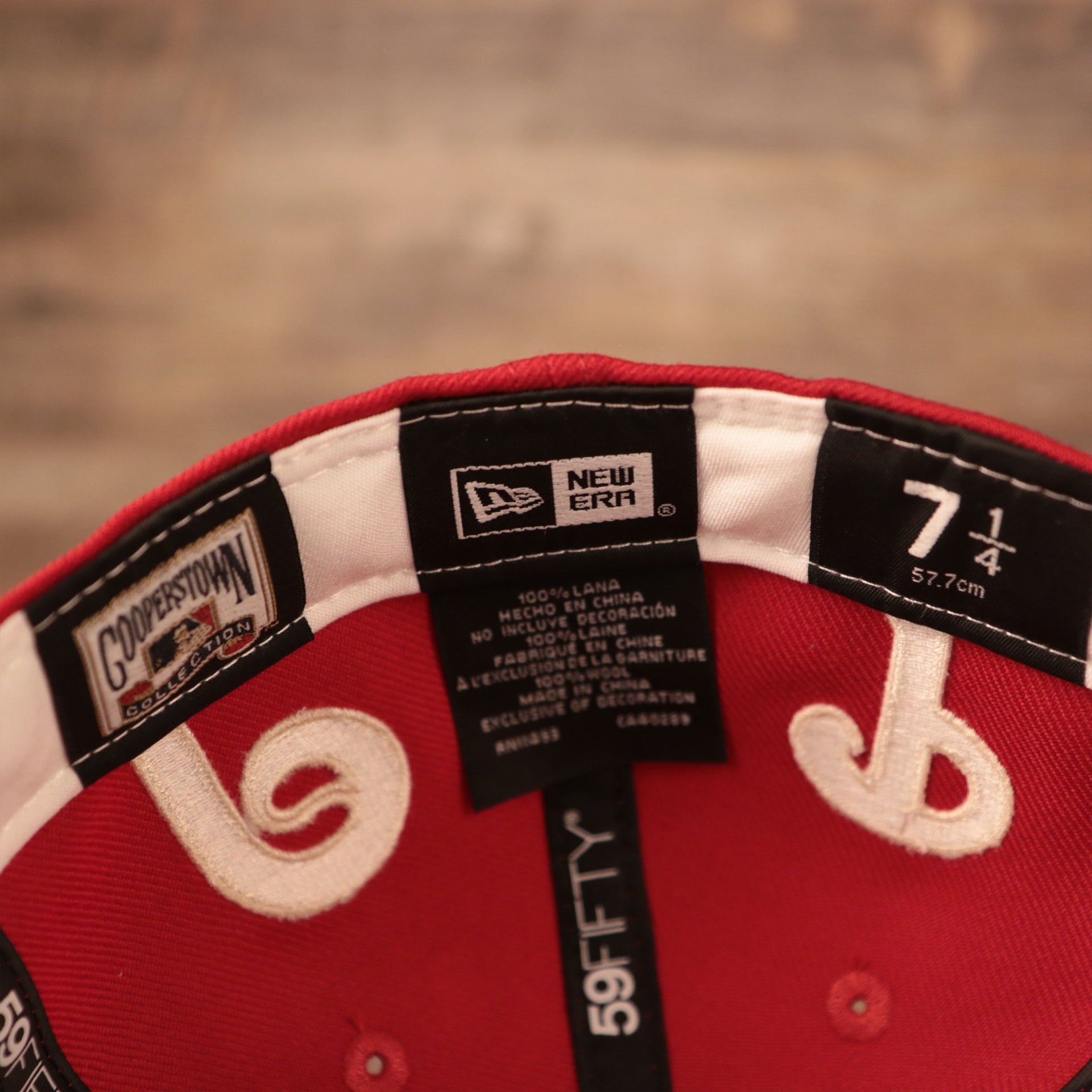 Red New Era 59fifty brand logo on the all over embroided fitted hat for the Philadelphia Phillies.