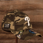 The woodland camo National League Philadelphia Phillies 2021 Armed Forces Day 920 dad hat.