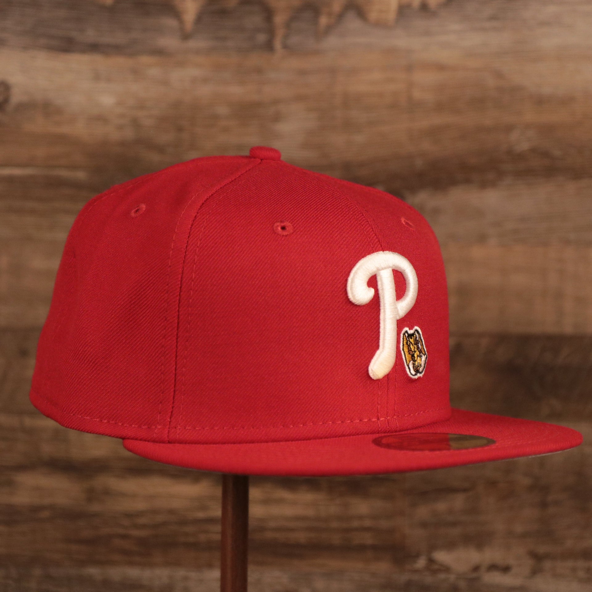 The Philly Cheesesteak red Philadelphia Phillies side patch fitted cap.