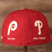 Retro white Phillies logo on the red New Era all over patch fitted hat for the Philadelphia Phillies.
