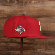 The right side of the red Phillies 2008 World Series side patch fitted cap has the 2008 World Series patch.