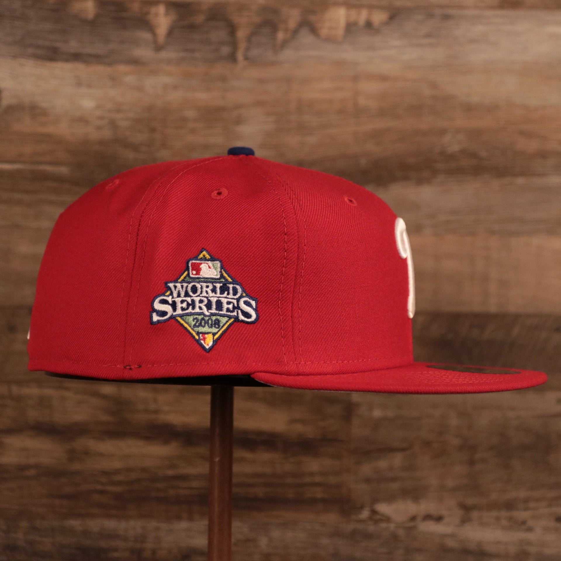 The right side of the red Phillies 2008 World Series side patch fitted cap has the 2008 World Series patch.