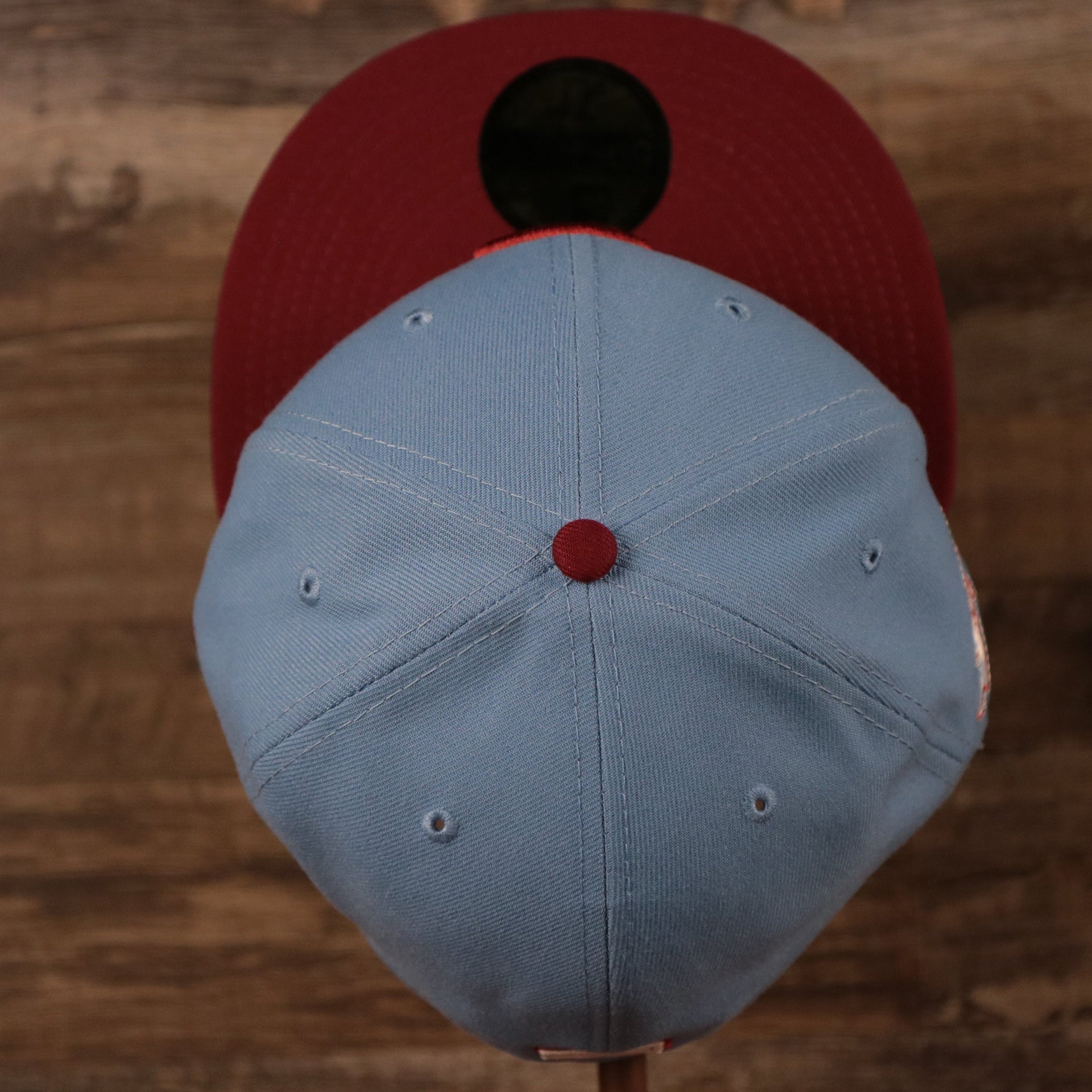 The top of the crown of the retro 1980 World Series Philadelphia Phillies side patch fitted hat.