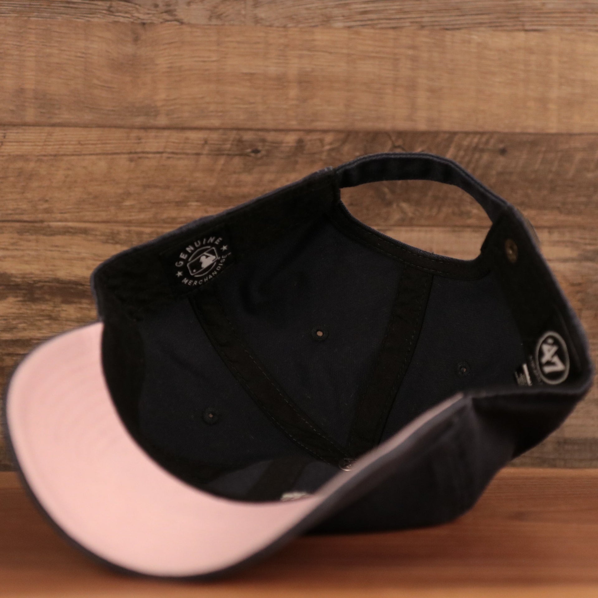 The inside of the Dodgers pink bottom dad hat by 47 Brand.
