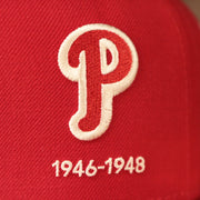 1946 Vintage logo of the Philadelphia Phillies on the red New Era all over patch fitted hat.