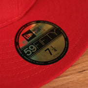 New Era 59fifty brand description on the red logo history all over patch fitted hat.