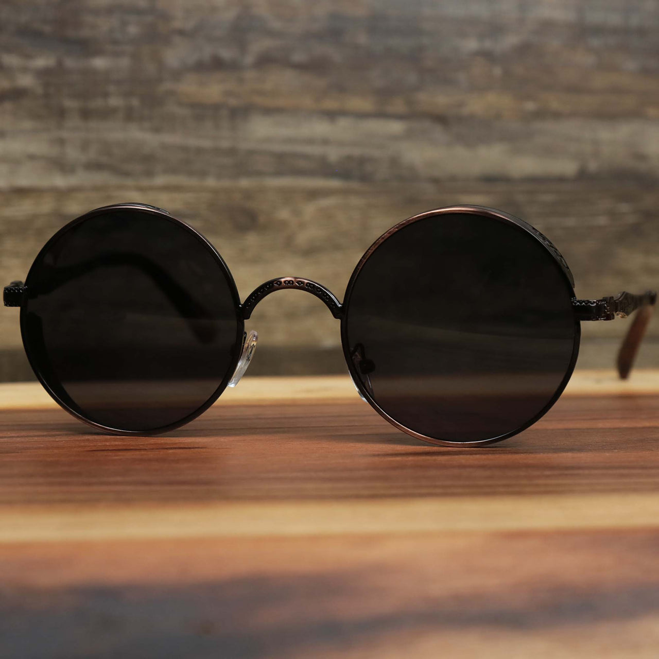 The Round Frame Arched Bridge Black Lens Sunglasses with Brown Frame