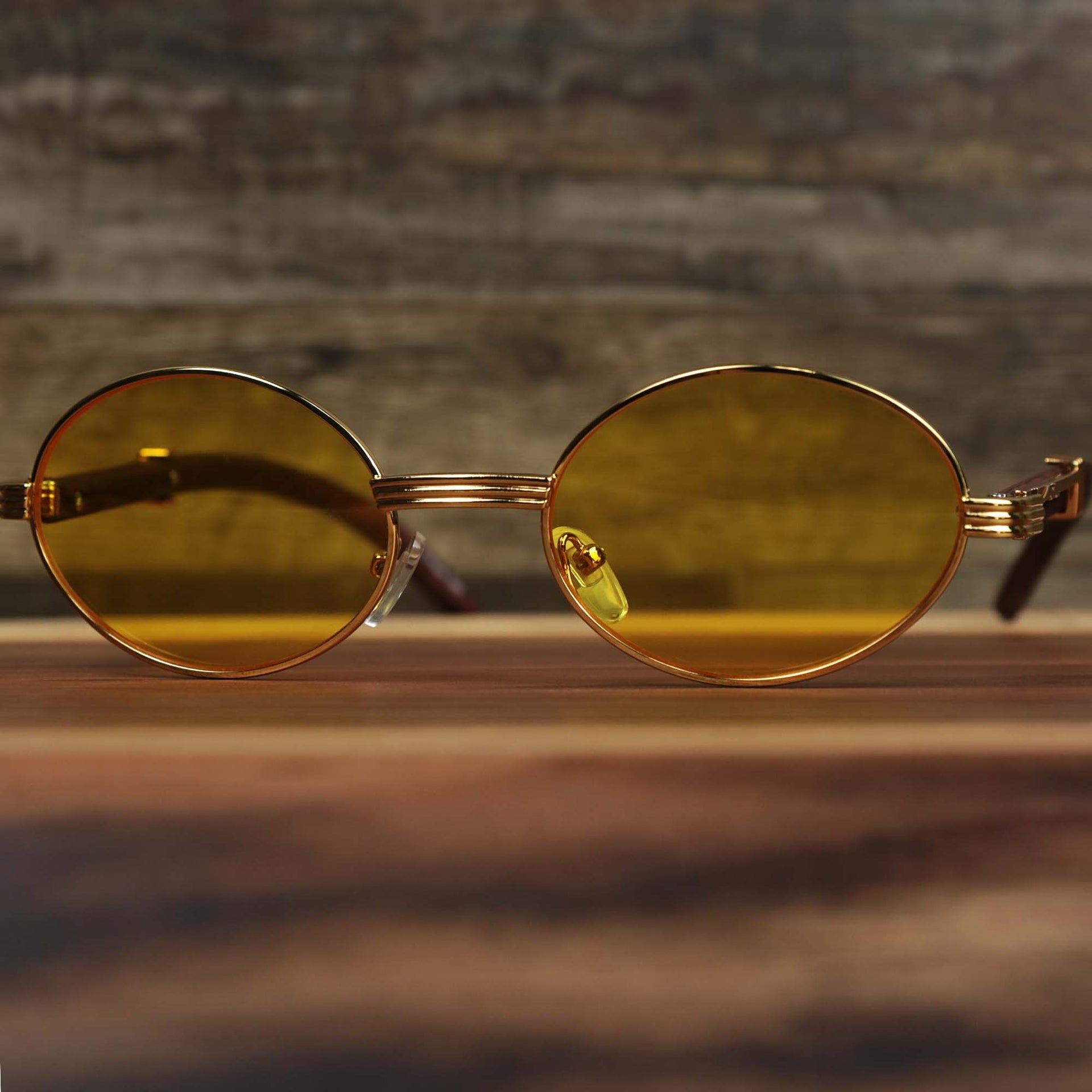 The Oval 3 Row Frame Yellow Lens Sunglasses with Gold Frame