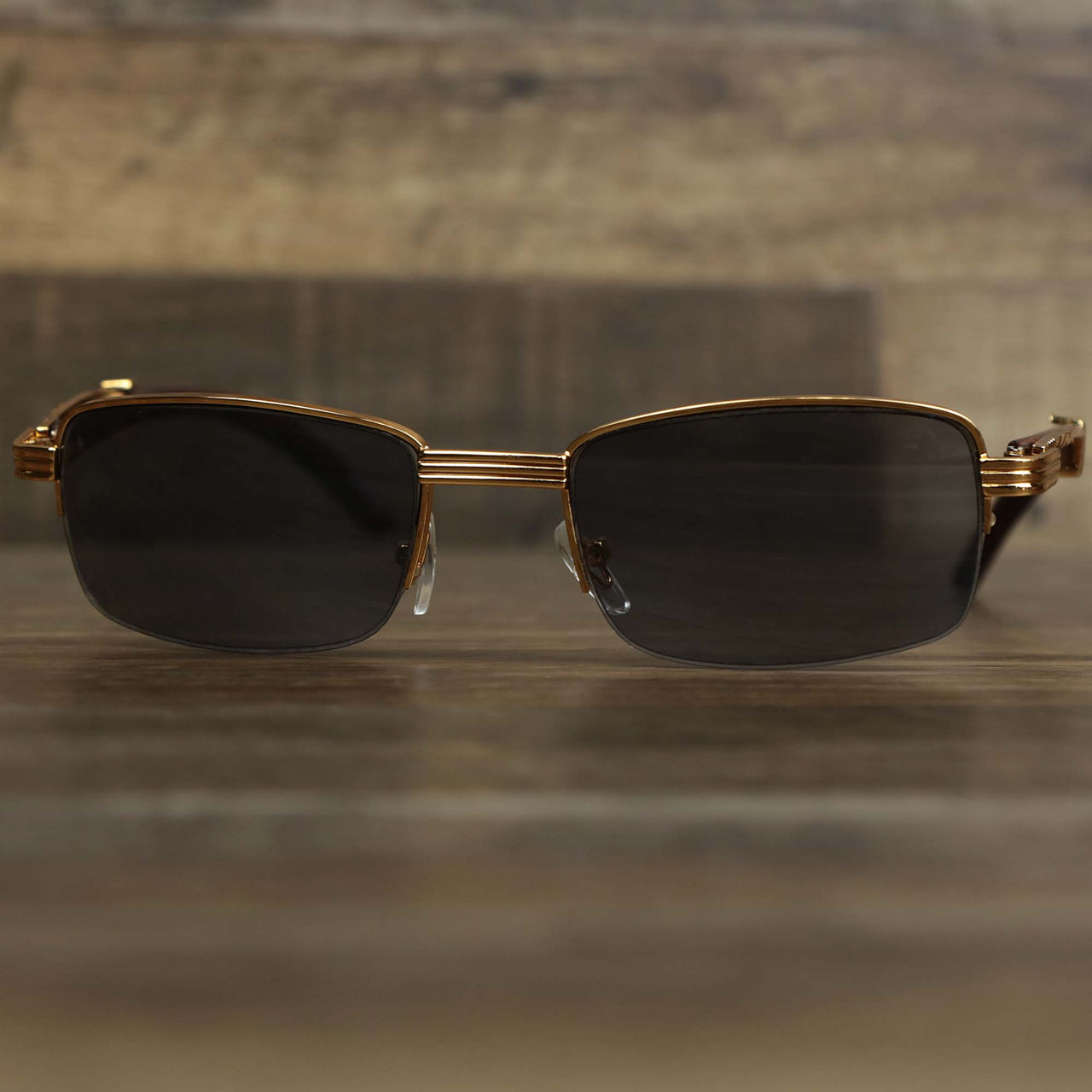 The Rectangle 3 Row Frame Black Lens Sunglasses with Gold Frame