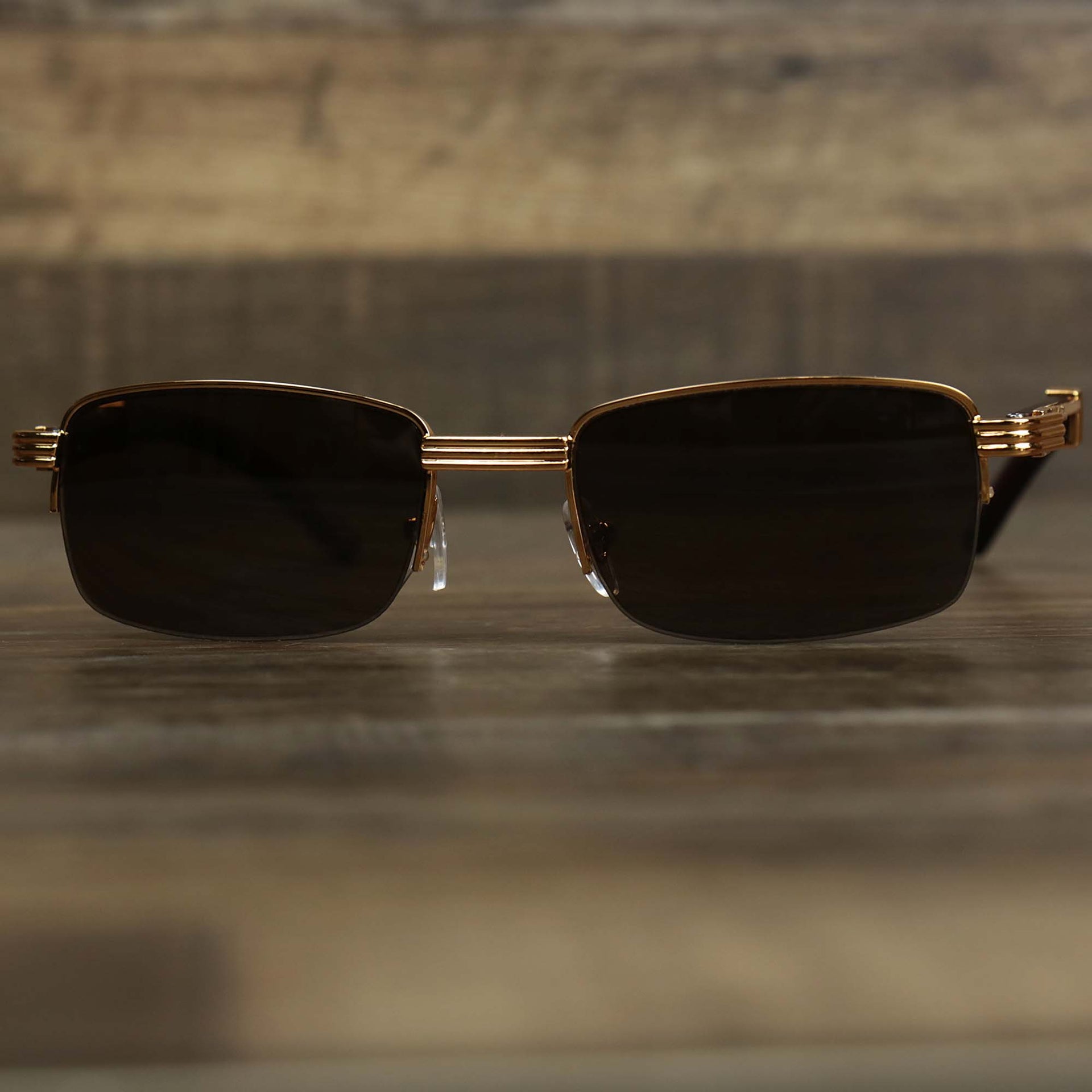 The Rectangle 3 Row Frame Dark Brown Lens Sunglasses with Gold Frame
