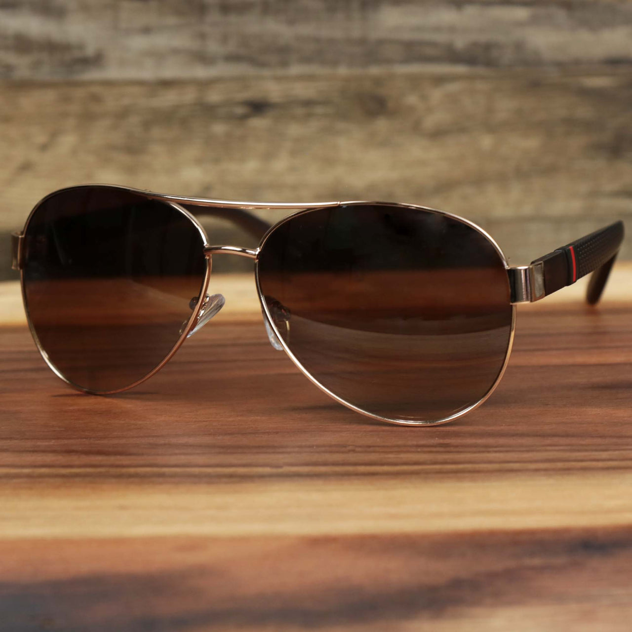 The Aviator Frame Racing Stripes Brown Lens Sunglasses with Rose Gold Frame