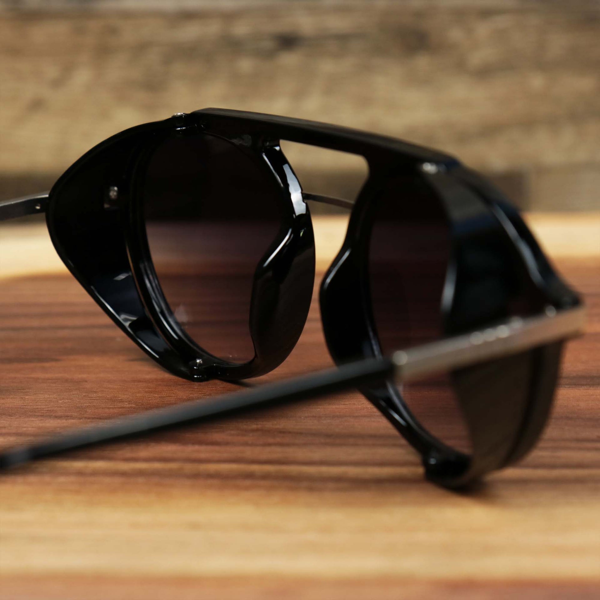 The inside of the Steampunk Frames Black Lens Sunglasses with Black Glossy Frame