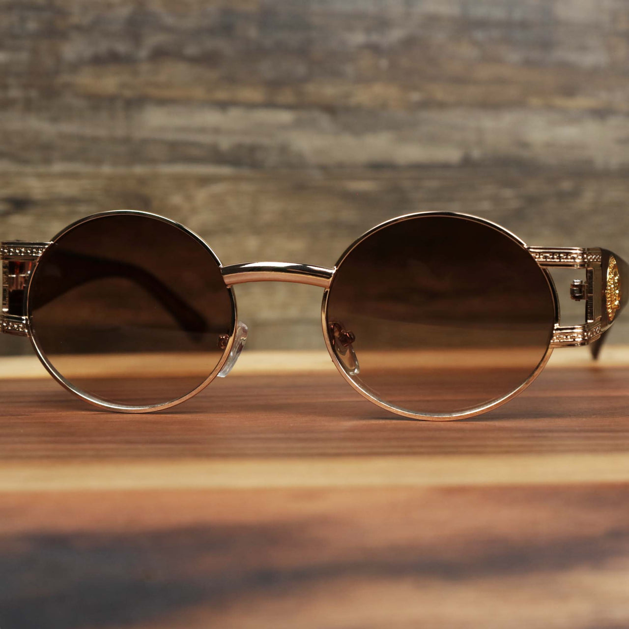 The Circle Frame Lion Head Emblem Brown Lens Sunglasses with Rose Gold Frame