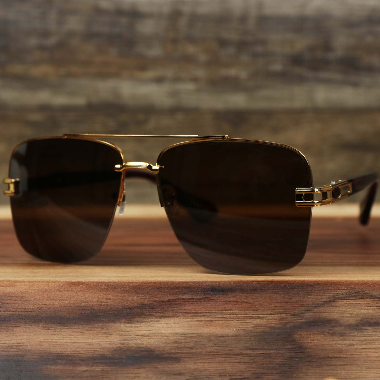 The Round Rectangle Frame Brown Lens Sunglasses with Gold Frame