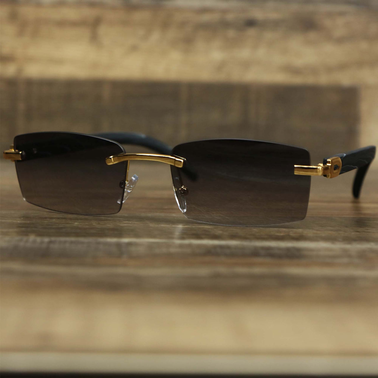 The Rectangle Wood and Metal Frame Black Lens Sunglasses with Gold Frame